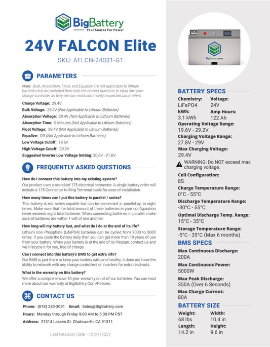 24V FALCON ELITE|122AH|3.1KWH | LIFEPO4 Power Block|Lithium Battery Pack | 3-8 Weeks Ship Time