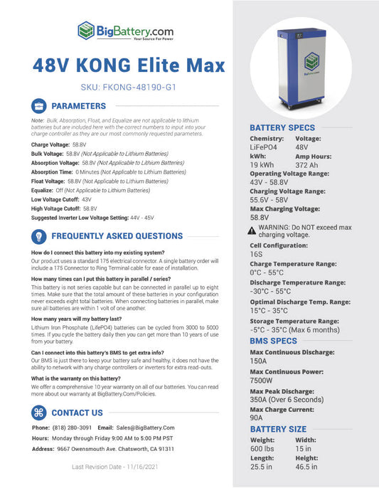 48V KONG ELITE MAX|372Ah|19.0kWh|LIFEPO4 Power Block|Lithium Battery Pack|Ships In 3-8 Weeks