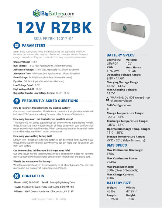 12V Van / RV RZBK System - AIMS 2kW | 138Ah | 1.76kWh | Lithium Battery Pack|LIFEPO4 Power Block | 3-8 Weeks Ship Time