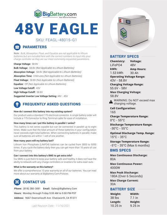 48V EAGL|30Ah|1.53kWh|LIFEPO4 Power Block|Lithium Battery Pack|3-8 Weeks Ship Time