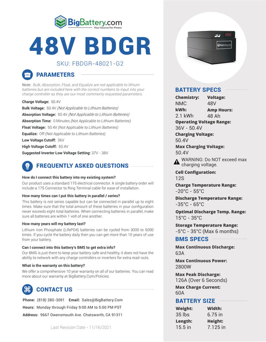 48V BDGR GEN-2|48AH|2.1KWH|NMC Power Block|Ships in 3-8 weeks