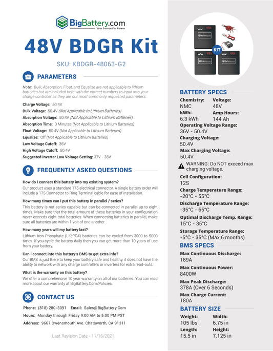48V BDGR KIT GEN2|144Ah|6.3KWH | NMC X3 Power Block|Ship In 3-8 Weeks