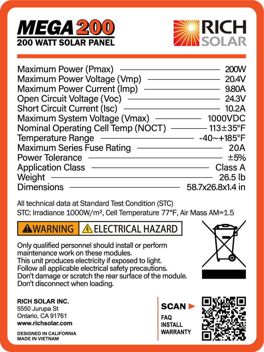 200 Watt Monocrystalline Solar Panel | Best 12V Panel for RVs and Off-Grid | UL Certified