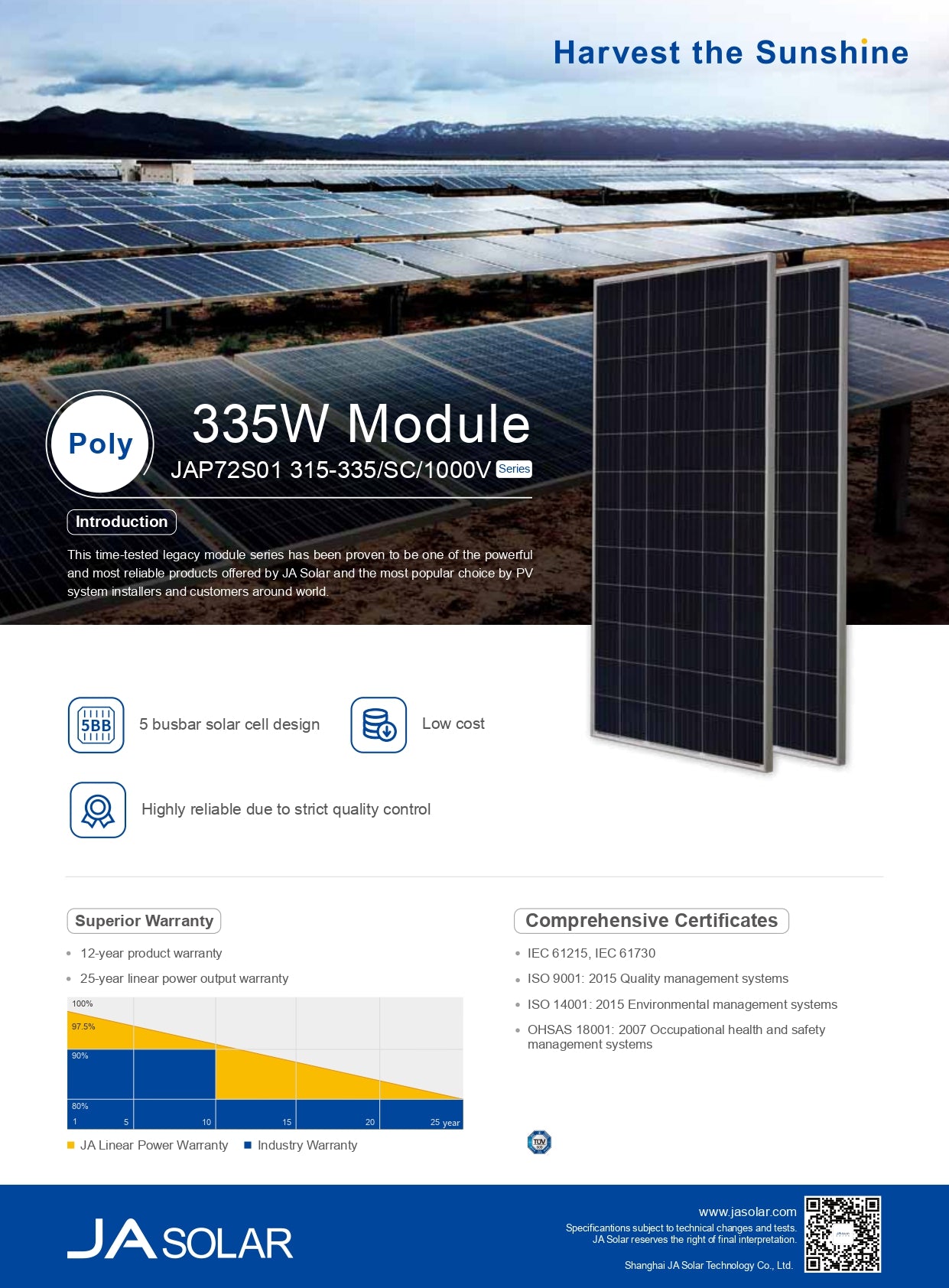 JA Solar 340W 72 Cell Mono Silver Frame – JAP72S09-340/SC_R – 10 Pcs on a Pallet