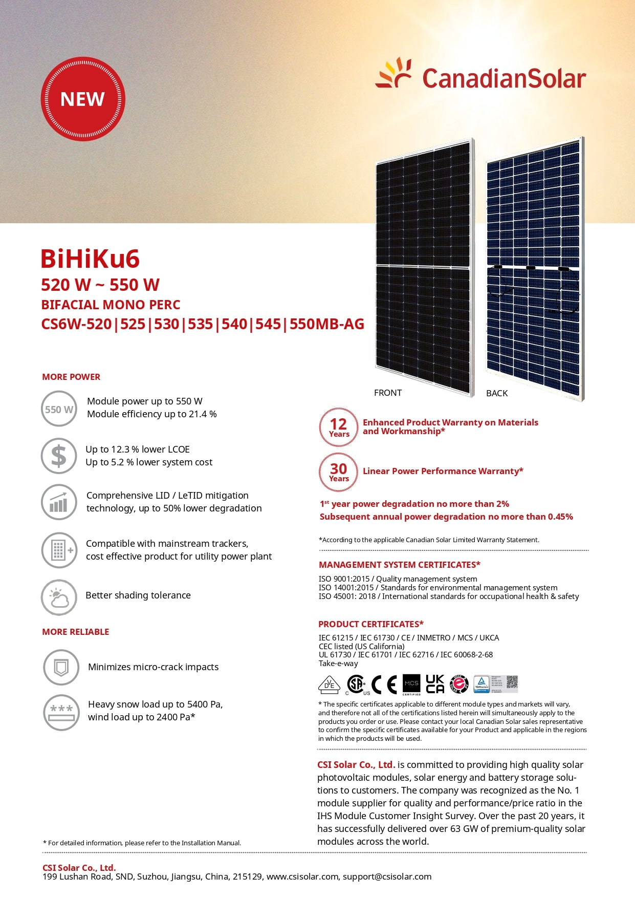 Canadian Solar - 30x Panels - 535W - CSI - CS6W-535MB-AG Bifacial｜2-4 Weeks Ship Time