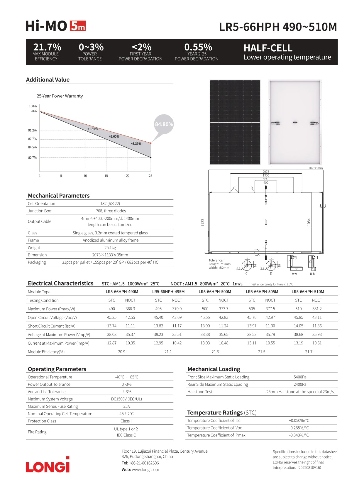 Longi - 31x Panels - 66HPH-500M - Mono - 66 cell｜2-4 Weeks Ship Time