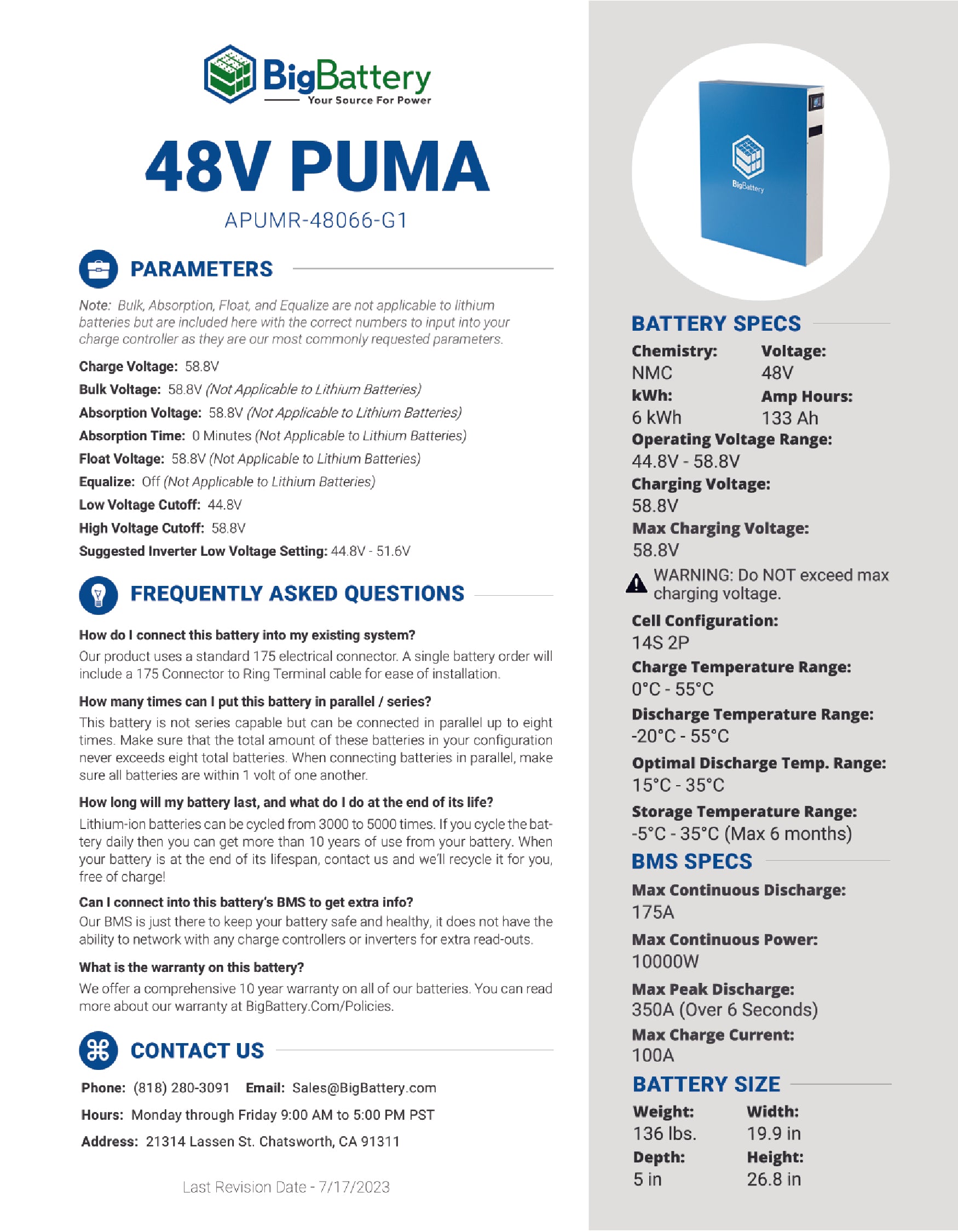 48V PUMA | 133Ah |  6kWh | LIFEPO4 Power Block | Lithium Battery Pack