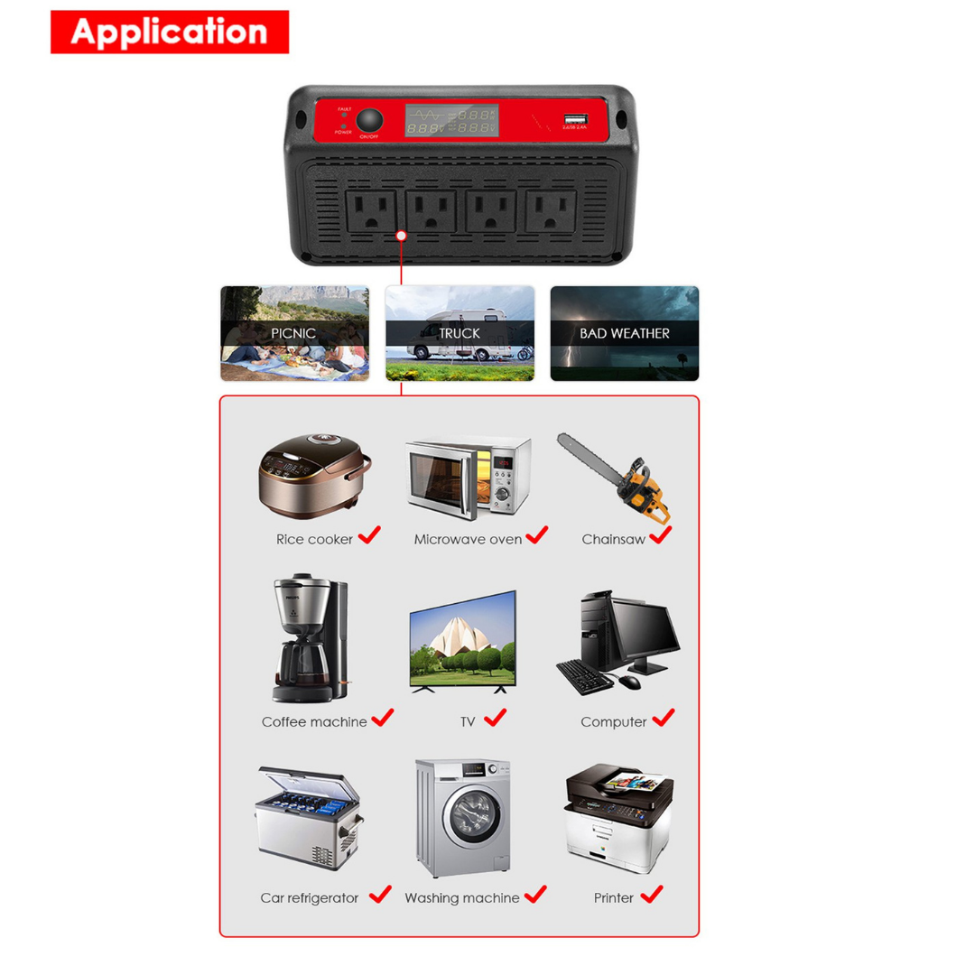 ACOPOWER 1500W Power Inverter 12VDC to 120VAC |  3-8 Week Ship Time