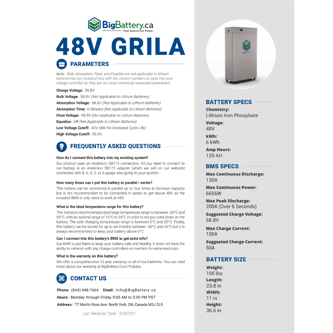 48V GRILA | 120AH | 6KWH | LIFEPO4 Power Block | Lithium Battery Pack｜3-8 Weeks Ship time