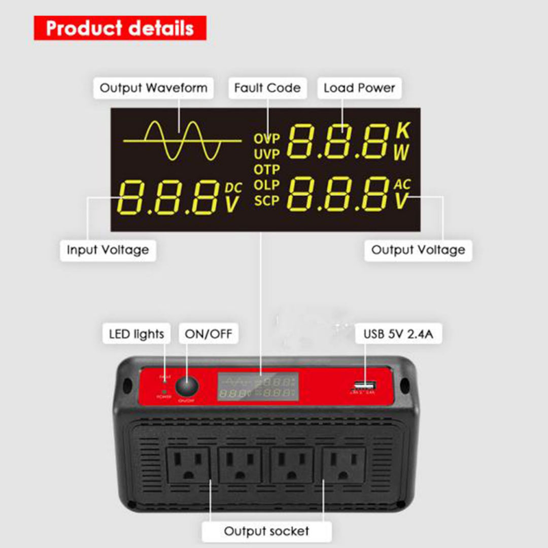ACOPOWER 1500W Power Inverter 12VDC to 120VAC |  3-8 Week Ship Time