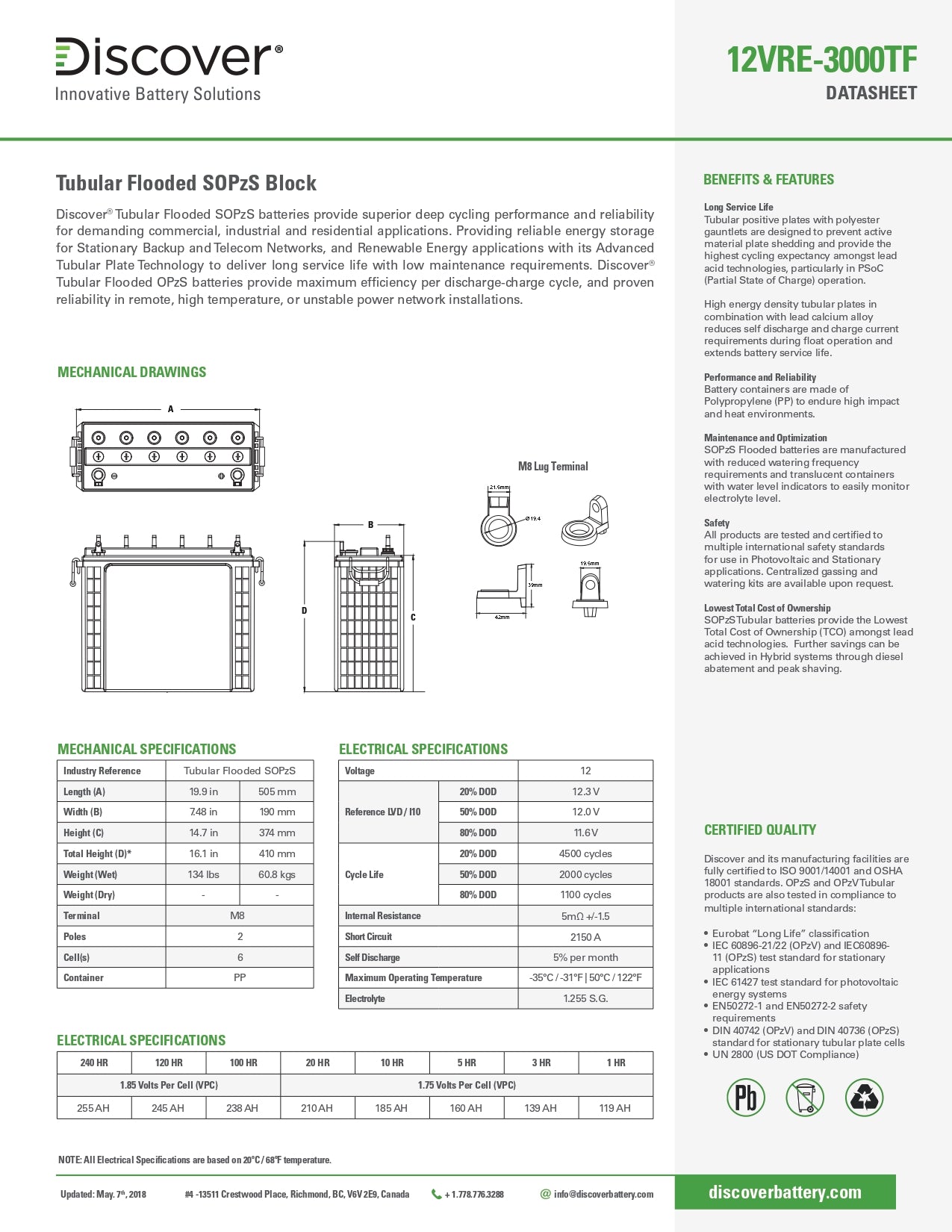 Discover Energy | SOPzS 12VRE-3000TF-L｜12V｜210Ah (C20)｜2000 Cycles｜2-4 Weeks Ship Time