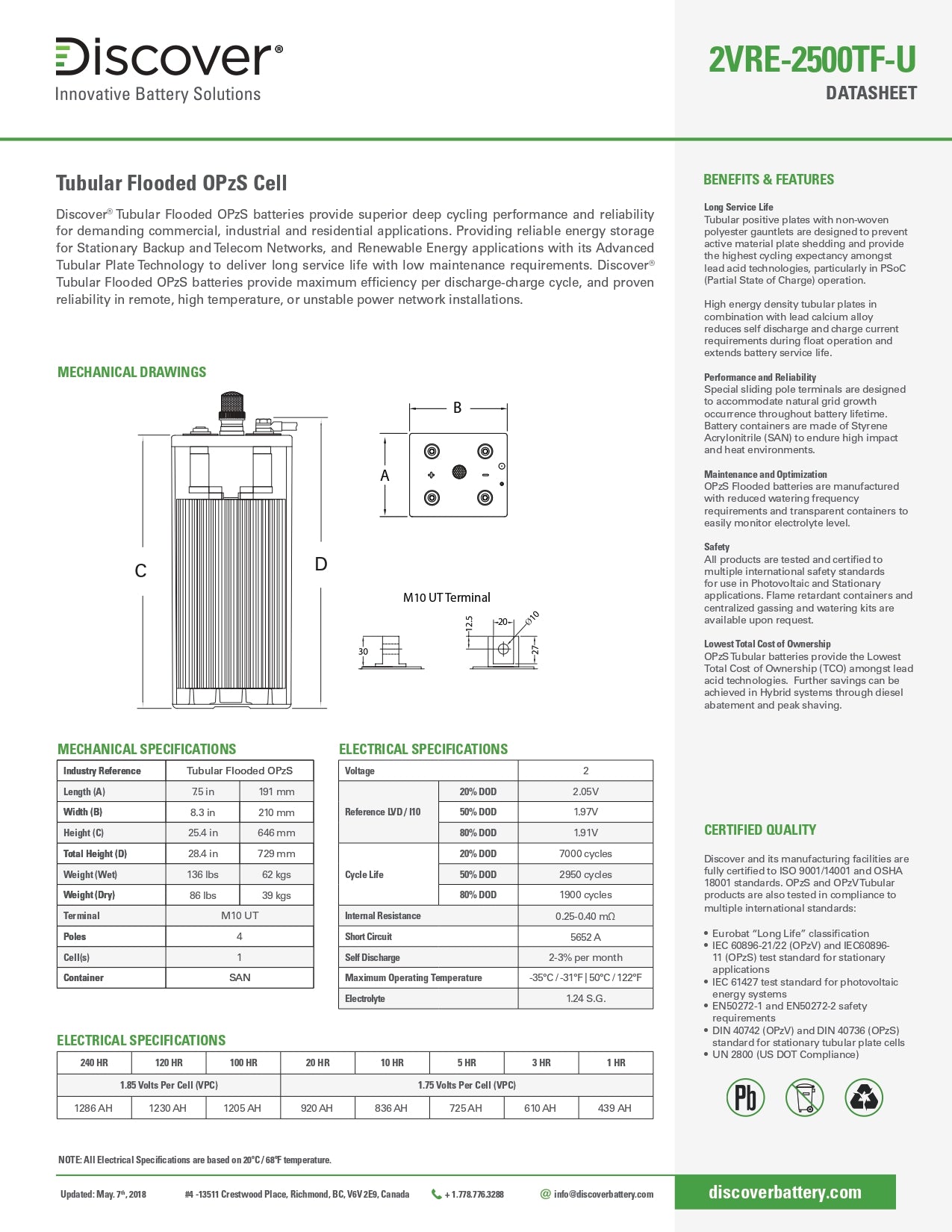 Discover Energy | OPzS 2VRE-2500TF-U｜2V｜920Ah (C20)｜2950 Cycles｜2-4 Weeks Ship Time