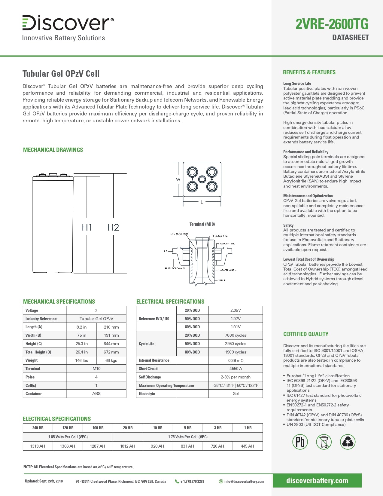 Discover Energy | Battery OPzV 2VRE-2600TG, GEL｜2V｜1012Ah (C20)｜2950 Cycles｜2-4 Weeks Ship Time