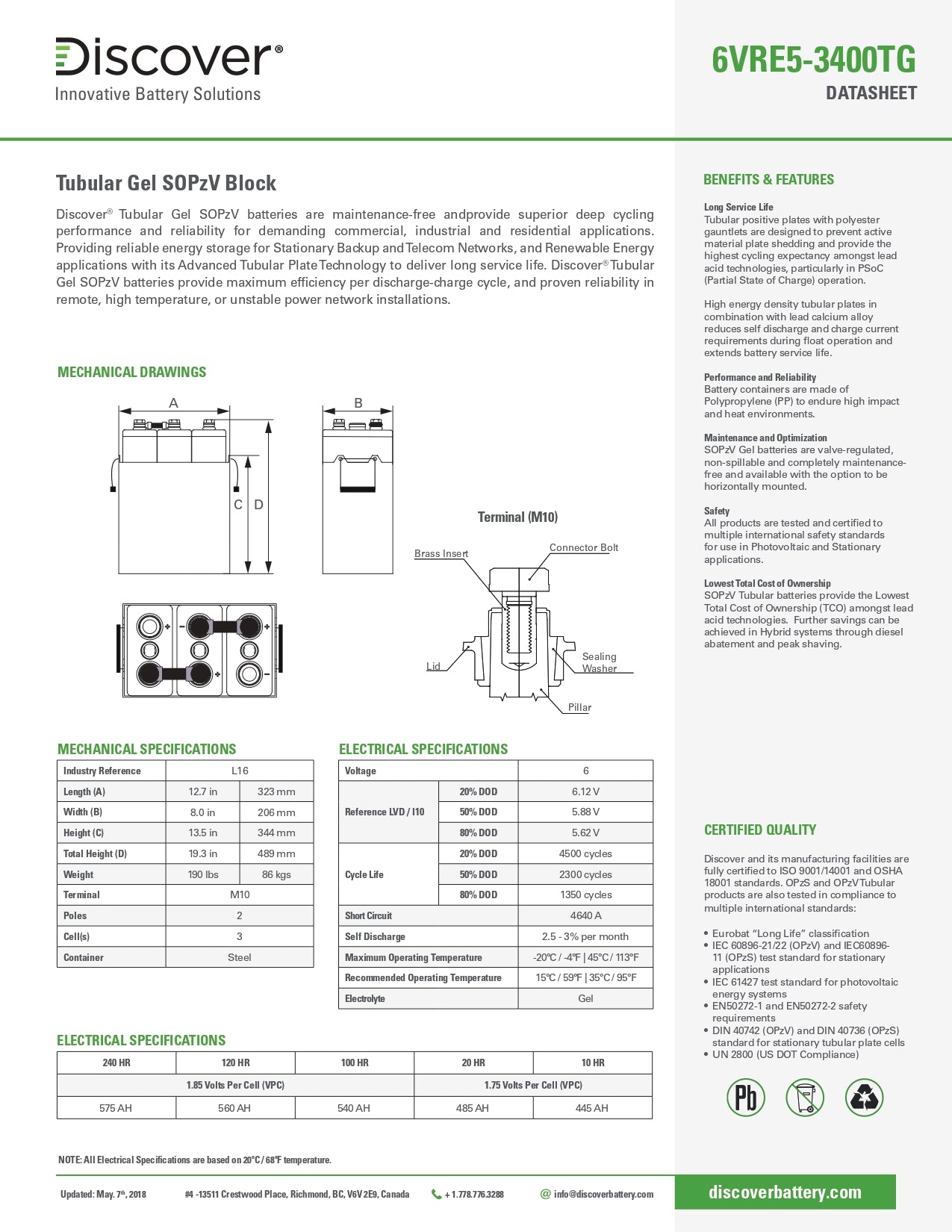 Discover Energy | OPzV 6VRE5-3400TG｜6V｜485Ah (C20)｜2300 Cycles｜2-4 Weeks Ship Time