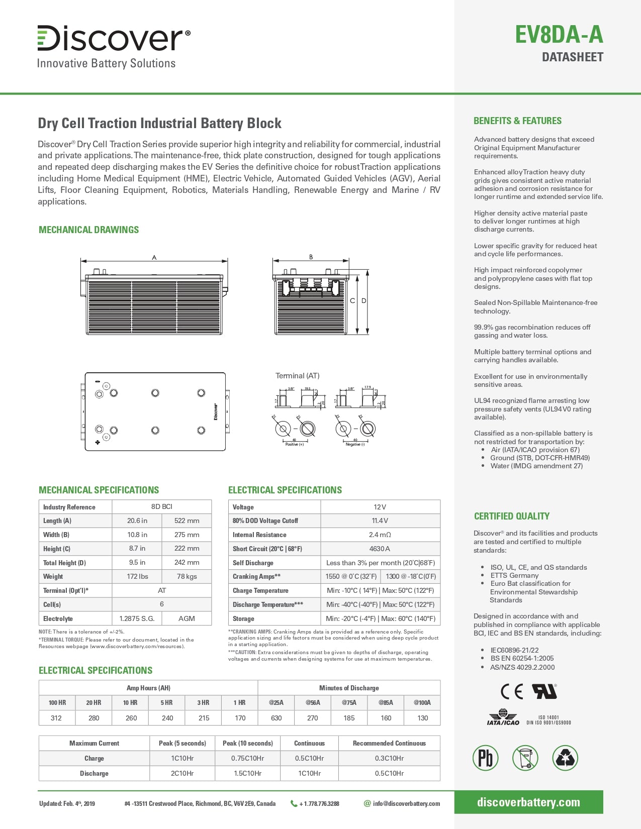 Discover Energy | AGM EV8DA｜12V｜280Ah (C20)｜1000 Cycles｜2-4 Weeks Ship Time