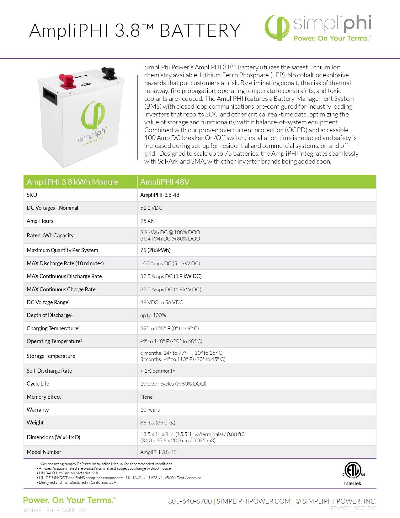 AmpliPHI 3.8 - 48V | 48V |100A | LFP Battery | 3.8kWh | SimpliPhi ｜2-4 Weeks Ship Time