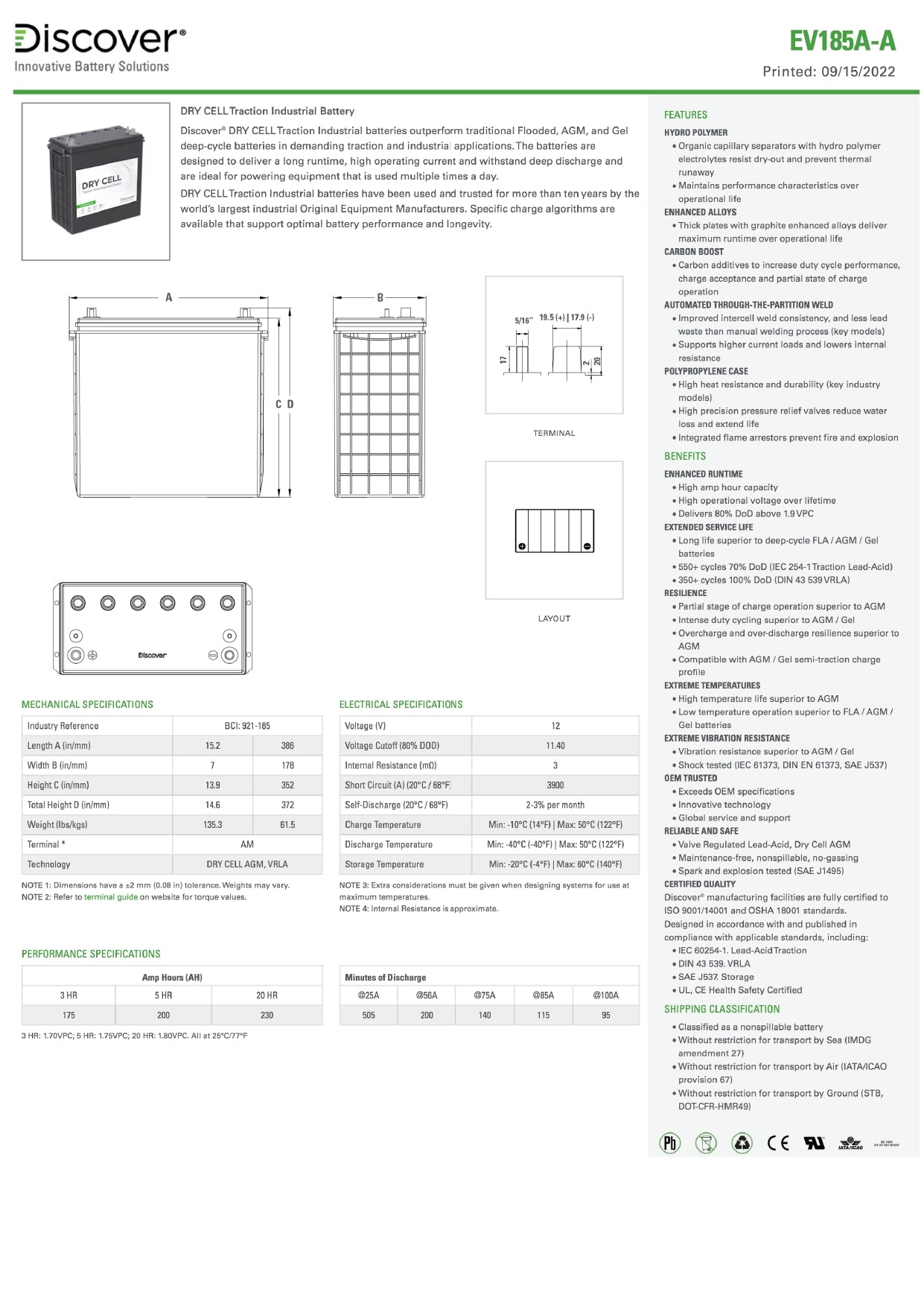 Discover Energy EV Traction 921-185 : 12V : 230AH : AM