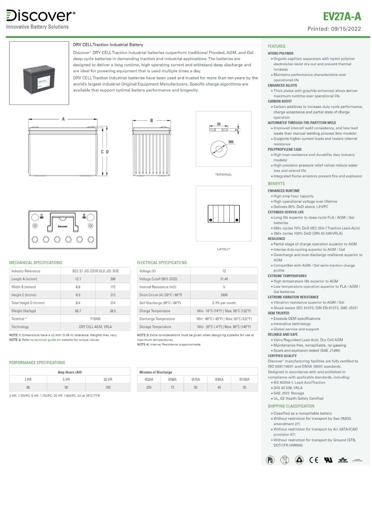 Discover Energy EV Traction 27 : 12V : 100AH : AM