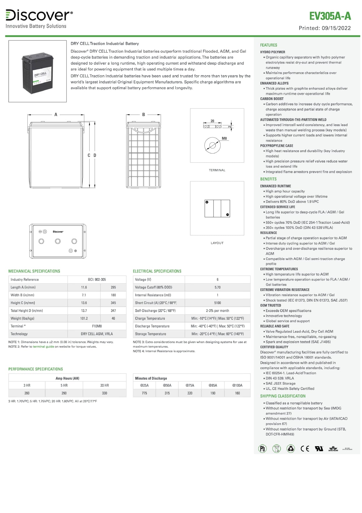 Discover Energy EV Traction  902-305 : 6V : 330AH : AM