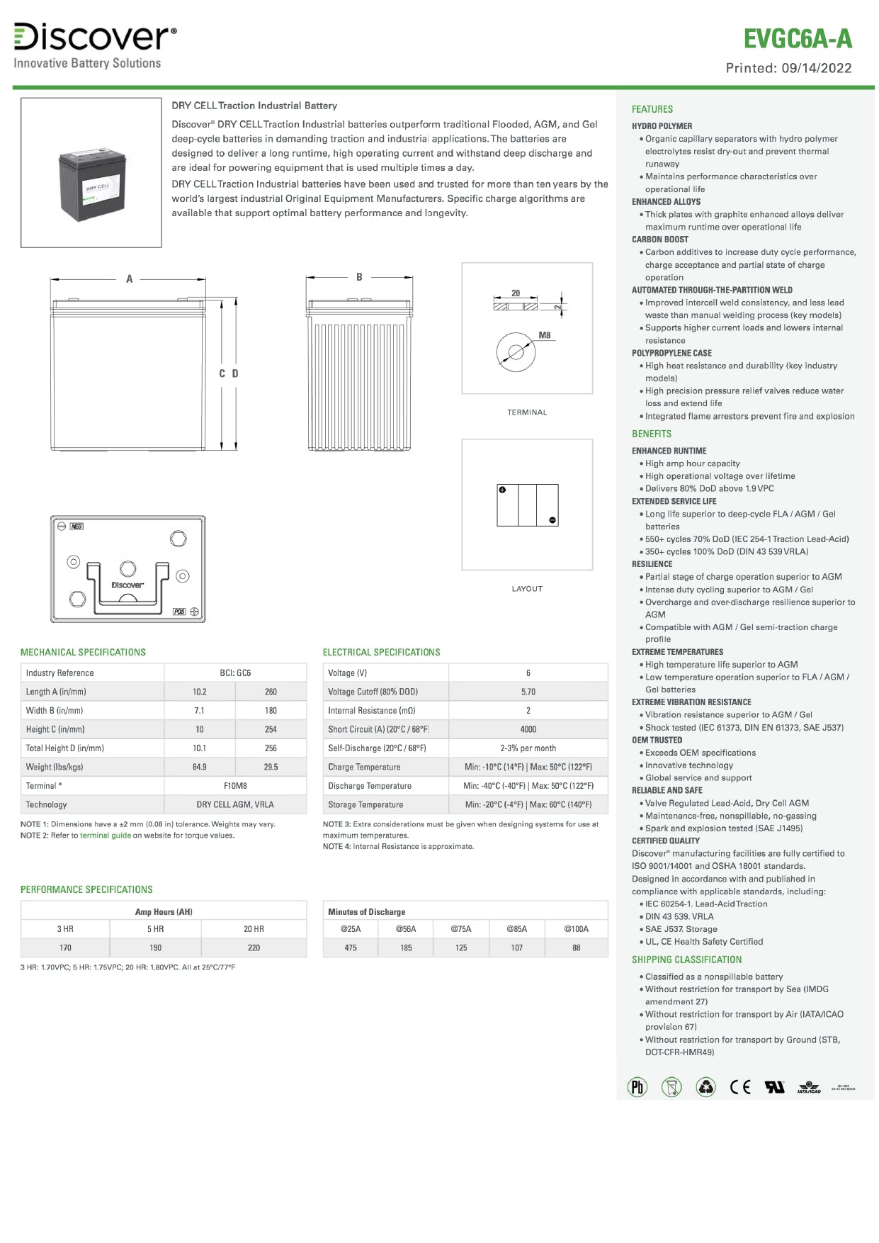 Discover Energy EV Traction GC6 : 6V : 220AH : AM