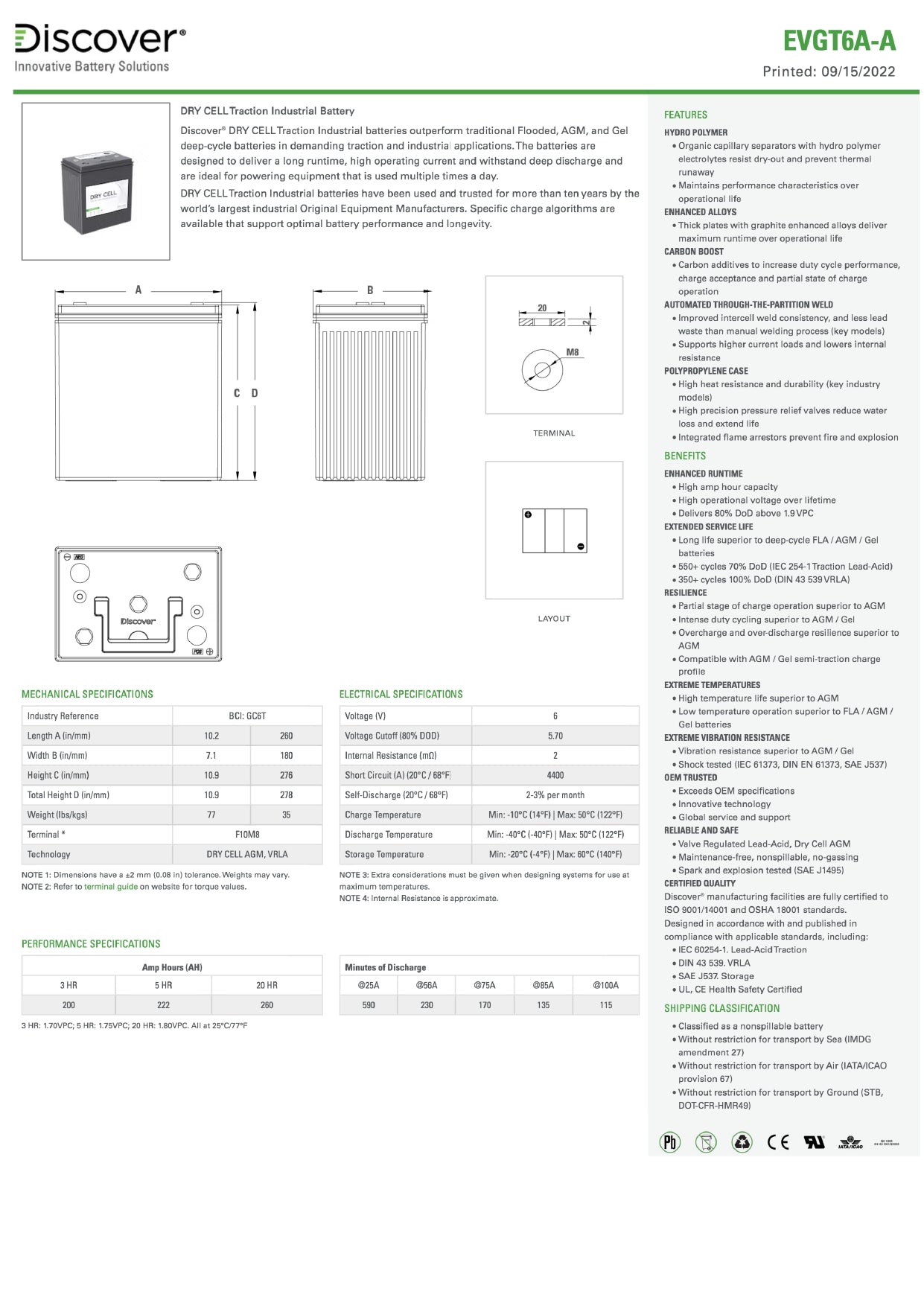 Discover Energy EV Traction GC6H : 6V : 260AH : AM