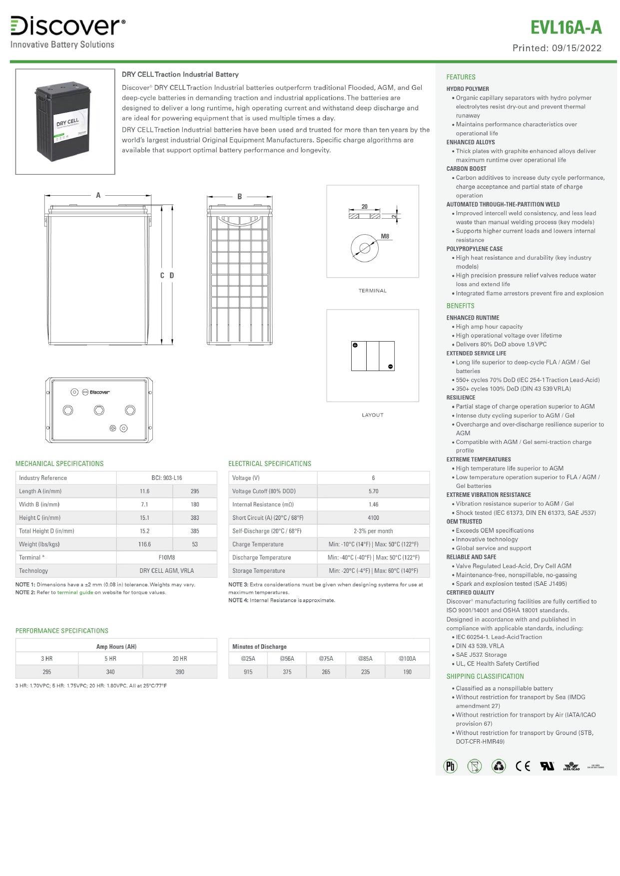 Discover Energy EV Traction 903-L16 : 6V : 390AH : F10-M8