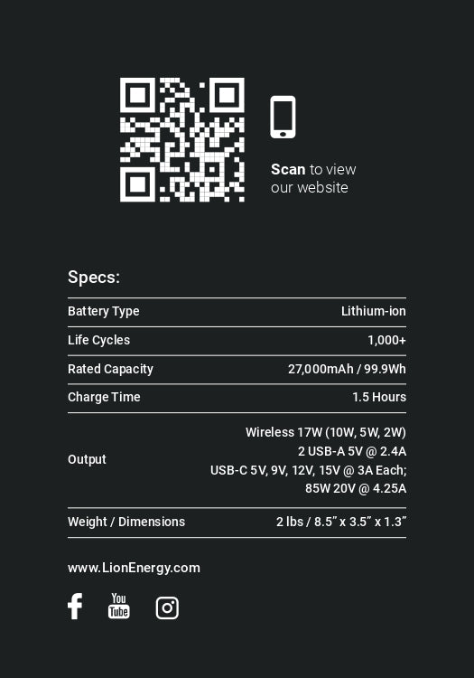 Lion Eclipse | 5V | 2.4A | 99.9Wh - 27,000mAh USB Charger | Lithium NCA Battery | Lion Energy | 1-5 Days Ship Time