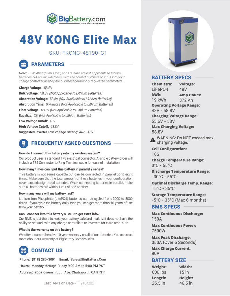 48V KONG ELITE MAX｜372Ah｜19.0kWh｜LIFEPO4 Power Block｜Lithium Battery Pack｜Ships In 3-8 Weeks