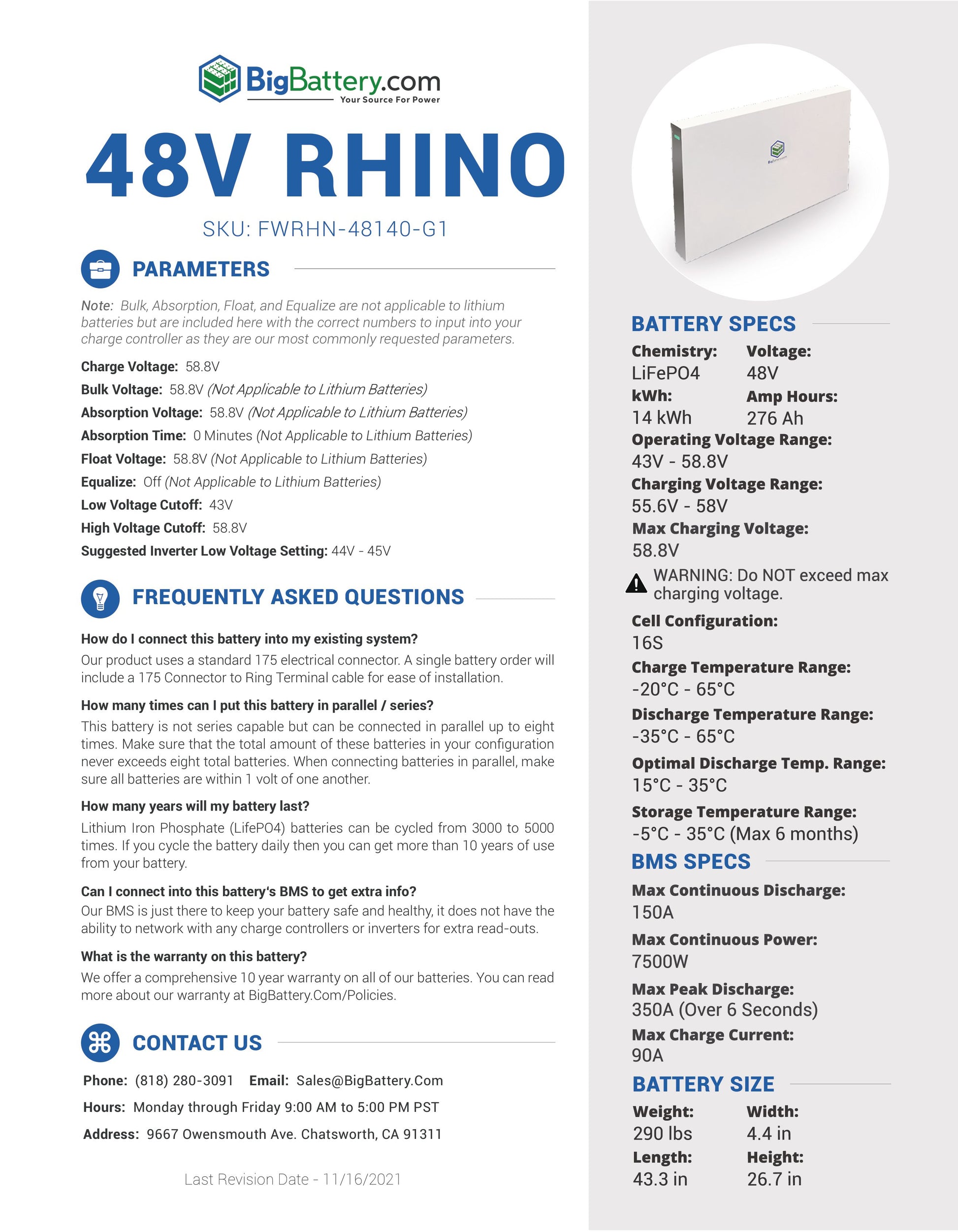 48V White Rhino｜276Ah｜14kWh｜LIFEPO4 Power Block｜Lithium Battery Pack｜3-8 Weeks Ship Time｜Big Battery Canada