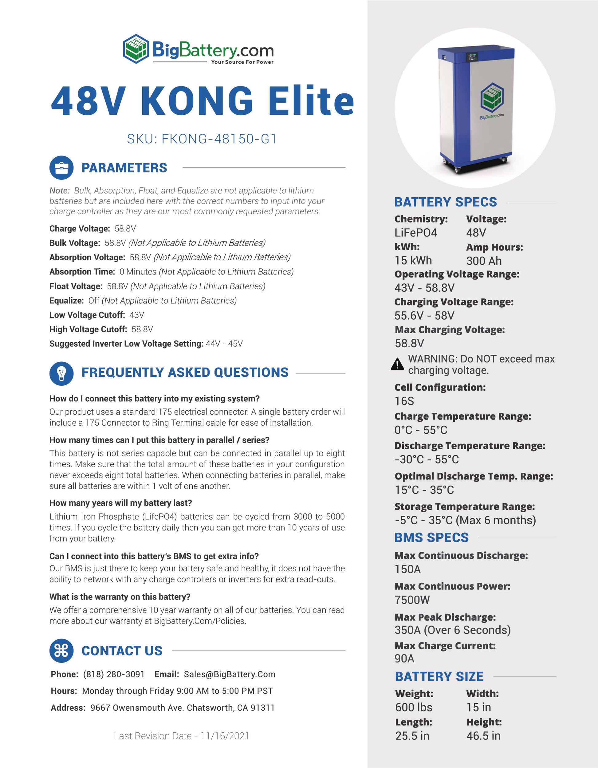 48V KONG ELITE｜300Ah｜15.0kWh｜LIFEPO4 Power Block｜Lithium Battery Pack｜3-8 Weeks Ship Time