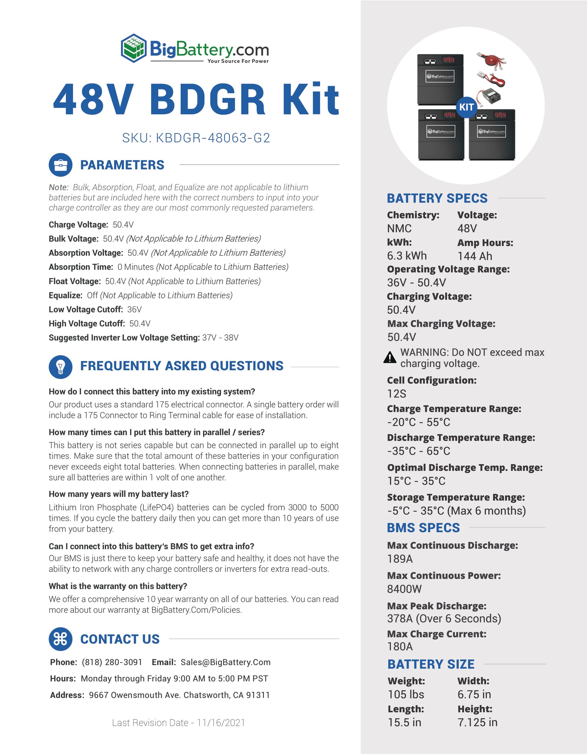 48V BDGR KIT GEN2｜144Ah｜6.3KWH ｜ NMC X3 Power Block｜Ship In 3-8 Weeks